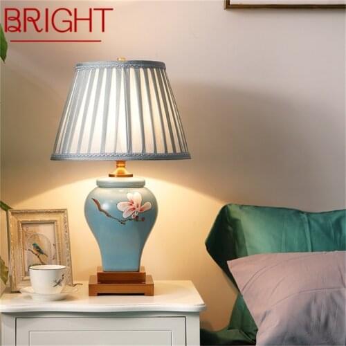 BRIGHT Ceramic Table Lamps Blue Luxury Brass Fabric Desk Light Home Decorative for Living Room Dining Room Bedroom