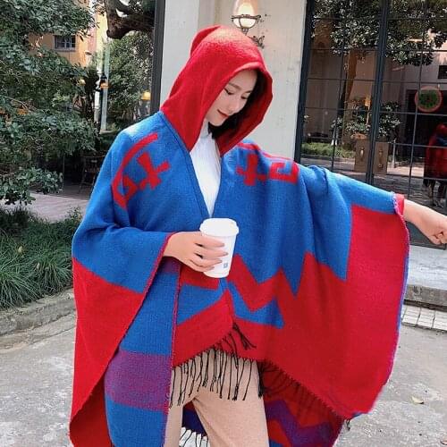 Women Poncho Cape Open Front Cardigan Wrap Shawl Knitted Cashmere Feel Sweater Coat for Winter in Christmas Holiday Hooded