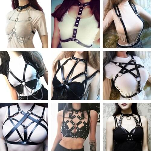 Women Sexy Punk Nightclub Halterneck Choker Gothic Leather Harness Body Bondage Cage Bustier Corset Sculpting Chest Waist Belt