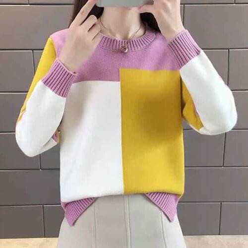 Women Knitted Sweater Packwork O Neck Long Sleeve Knit Pull Vintage PulloverJumper Mujer 2020 Winter Woman Sweaters Knitwear