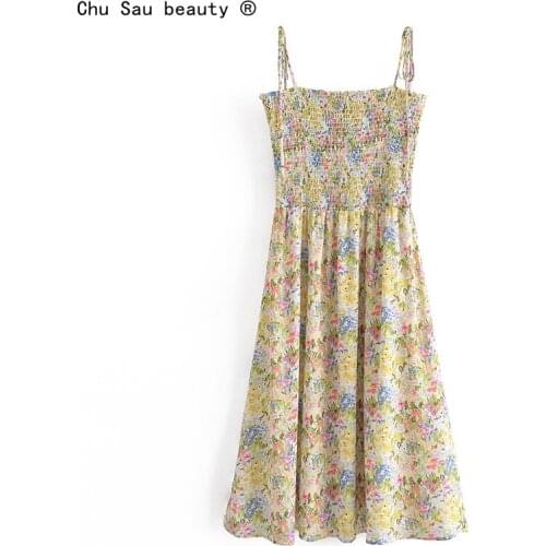 New Fashion Summer Causal Chic Floral Printed Sling Midi Dress Women Streetwear Style Sleeveless Backless Dresses Female