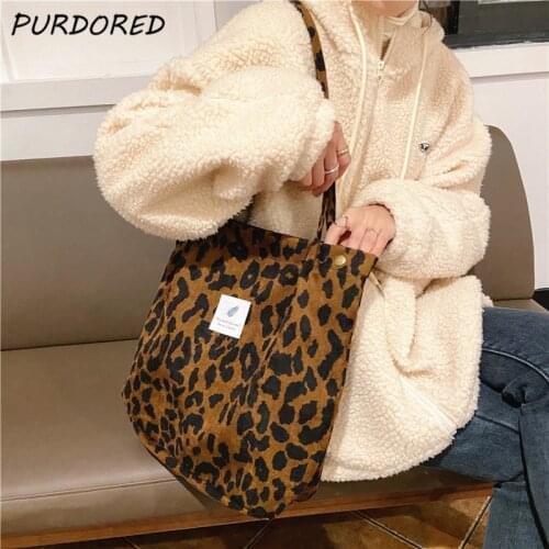 PURDORED 1 Pc Women Leopard Large Shopping Bag Corduroy Female Reusable Handbags Shoulder Bags Travel Grocery Tote Bag