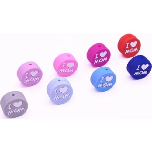 5pcs Silicone Beads 20mm Flat Round I Love Mom Chewable Teething Beads Necklace Food Grade Nursing Jewelry Toys Baby Teether