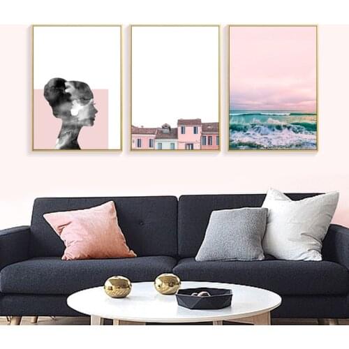 Abstract Painting Pink Girl and House Canvas Painting Modern Living Room Nordic Posters and Print Modern Wall Picture Unframed