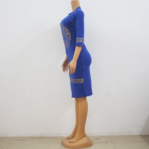 African dresses for women elasticity 100% cotton blue Gold foil stamping american clothing With pocket robe africaine