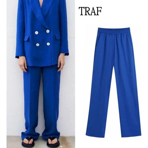 TRAF Za Woman Pants 2021 Fashion High Waist Wide Pants Woman Office Wear Pant Suits Vintage Pocket Elastic Waist Female Trousers