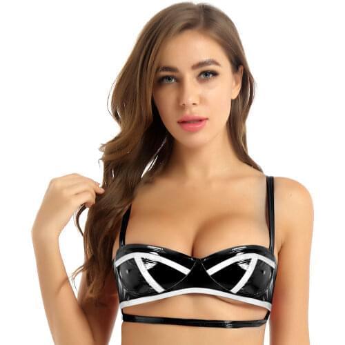 Womens Erotic Lingerie Patent Leather Bra Top Wet Look Adjustable Shoulder Straps Cut Out Underbust Wire-free Unlined Bra Top