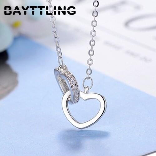BAYTTLING 925 Sterling Silver AAA Zircon 2 Heart Pendant Necklace For Woman Fashion Jewelry Wedding Party Gift