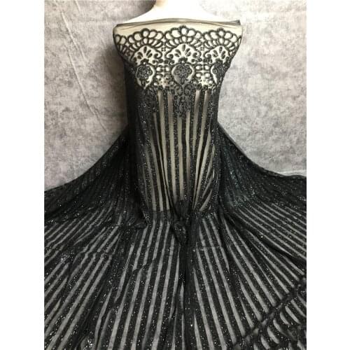 Black tulle lace fabric glued glitter african french net lace material for party dress mesh sequin fabric