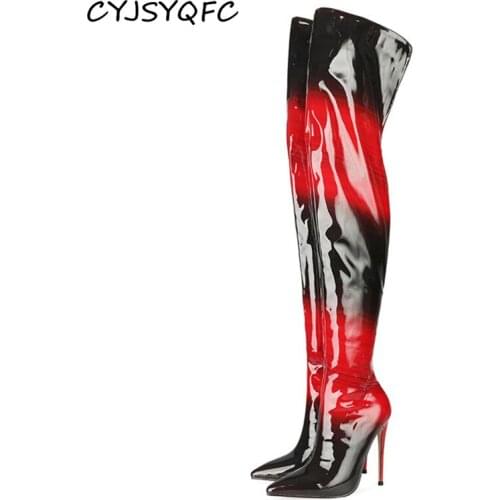 CYJSYQFC Black Red Gradient Color Women Over The Knee Boots Pointed Toe Back Zip Stiletto Shoes Patent Leather Lady Long Boots