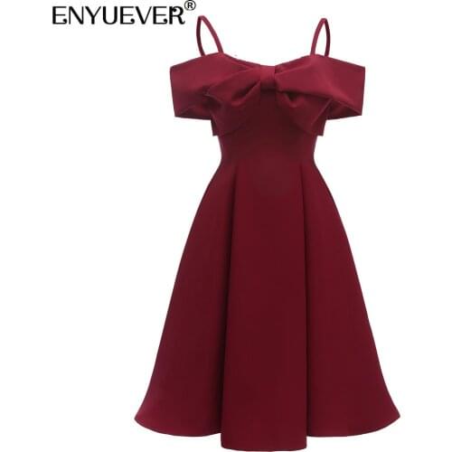 Enyuever Elegant Women Vintage Dress Summer Clothes Spaghetti Strap Bowknot Robe Pin Up Swing Holiday Party Retro Dress Vestidos