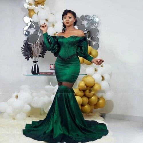Emerald Green Long Sleeve Evening Dress Beads vestido de fiesta Evening Dresses Mermaid Prom Party Gown Elegant 2021