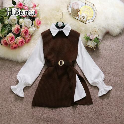 2021 Spring New Female O-Neck split knitted With belt vest sweater + lantern sleeve cotton shirts Two-Piece Sets Women Suits