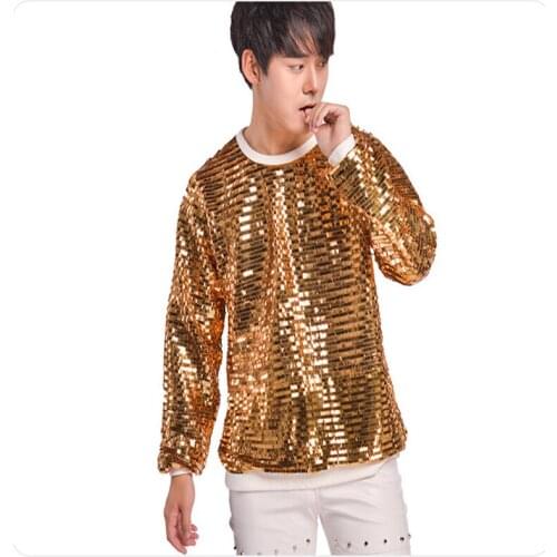 R14 Gold color Sequin men T-shirt dj male stage dress coat catwalk performance wears clothe singer dance costumes host outfits