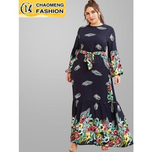 New Fashion Print Floral Long Sleeve Plus Size Muslim For Women Turkey Islamic Clothing Maxi Casual Ramadan kaftan Hijab Dress