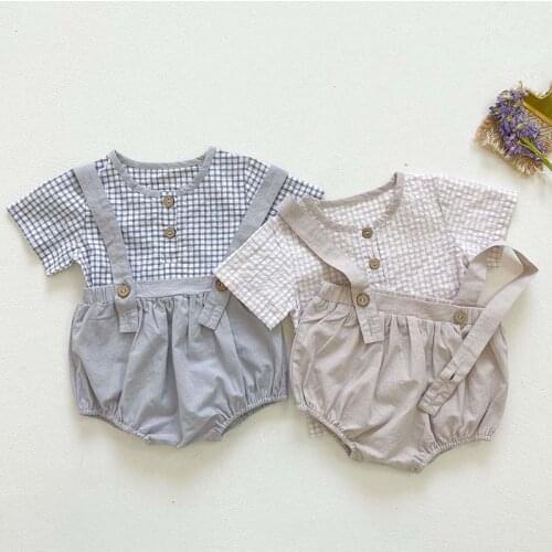 New Summer Baby Clothes Set Short-sleeved T-shirt + Overalls Lattice Outfit Cotton Korean Infant Baby Girls Boys Clothing