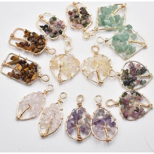 Wholesale 14pcs/lot natural stone mixed crystal Tree of life handmade wire color wire wrapped Pendants for jewelry marking