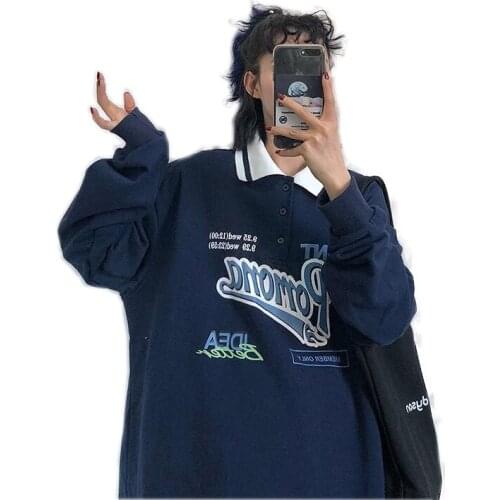 2020 Vintage Polo Collar Oversized Sweatshirt with Print Women Sweat Oversize Korean Harajuku Loose Hoodies Female Top Plus Size