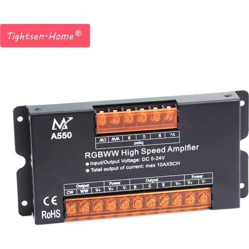 RGB+CCT High Speed Power Signal Amplifier 50A Data Signal Repeater 10A*5CH Channels for 5050 RGBW RGBWW LED Lights Strip 5V-24V