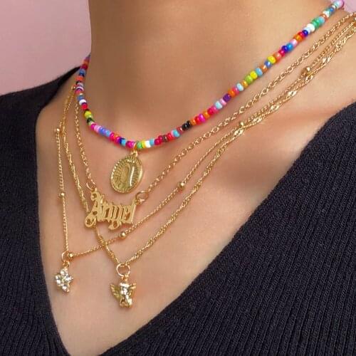 Vintage Multilayer Angel Letters Golden Metal Chain Necklace Jewelry For Women Boho Coin Pendant Glass Beads Choker Jewelry New
