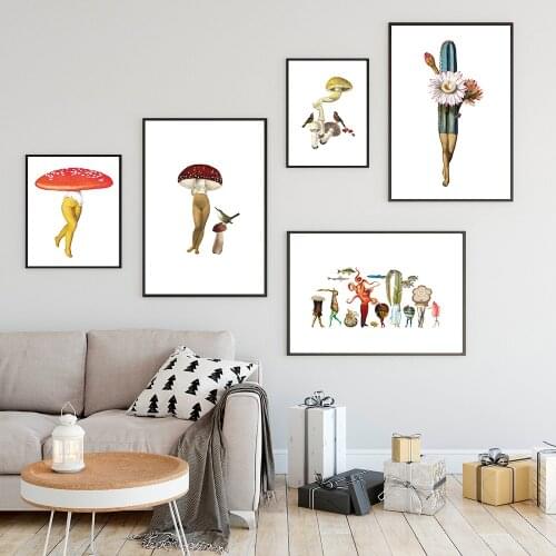 Funny Cactus Canvas Poster Mushroom Carrots Butt with Sexy Woman Leg Prints Vintage Wall Art Picture for Bedroom Home Decor