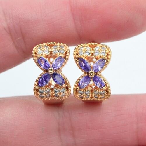 Gold Color Women Purple Cubic Zirconia CZ Bowknot Huggie Hoop Earrings Jewelry