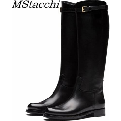 MStacchi Autumn Winter Women Boots Genuine Leather Round Toe Black Brown Boots Metal Belt Fastener High Boots Flat Women Boots