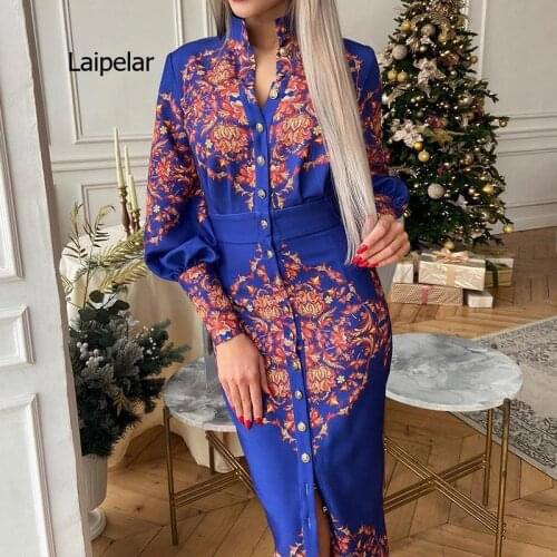 Autumn Winter Women Dress Floral Printed Stand Collar Single Breasted Puff Sleeve Mid-calf Dress Long Sleeve Slim Dress Casual