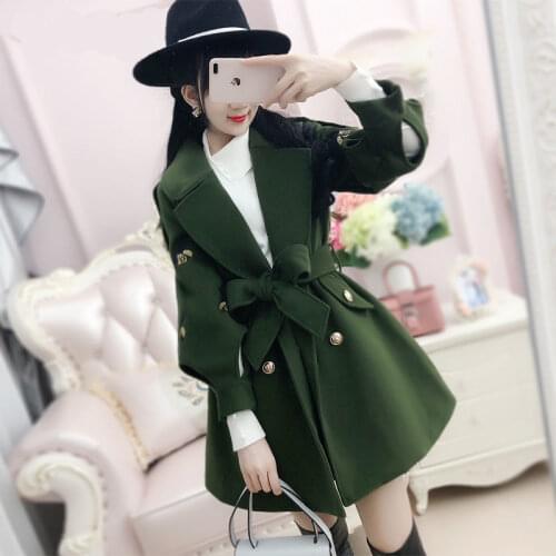 Woolen Jacket Green Hollow Lantern Sleeve Bee Embroidered Slim Thin Mid-length Womens Coat Winter Wear