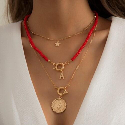 3Pcs/Set Fashion Letter Portrait Coin Star Pendant Necklace Women Boho Handmade Beaded Chains Vintage Punk Choker Collar Jewelry