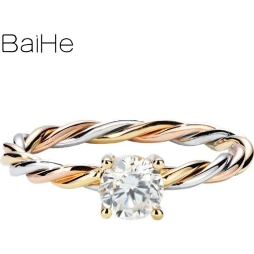 BAIHE Solid 14K White+Yellow+Rose Gold 0.50ct H/SI Round Natural Diamond Jewelry Wedding Women Exquisite beautiful Diamond Ring