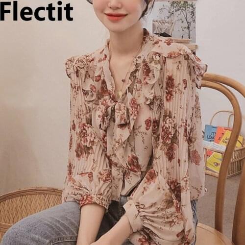 Flectit Ruffled Floral Blouse Bow-Neck Lantern Sleeve Airy Chiffon Tops Women Spring Summer Vacation Outfit