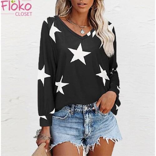 Flokocloset Causal Five Star Print V-Neck Long Sleeve T-shirt Spring Autumn Y2k Shirt Fashion Tops for Women