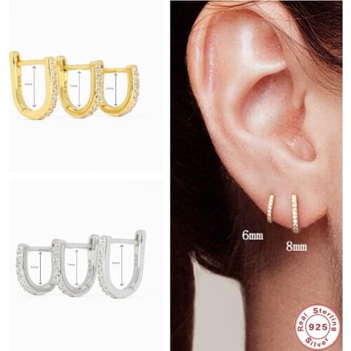 GS 925 Sterling Silver White Cubic Zirconia U Shape Hoop Earrings For Women Tiny Circle Second Hole Cartilage Earring Hoops