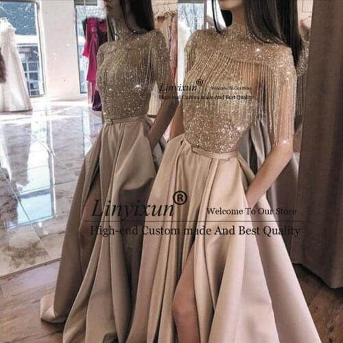 Exquisite Prom Dresses A-line Sequins Top With Pockets High Side Split High Neck Sweep Train Waistbelt Formal Evening Gowns