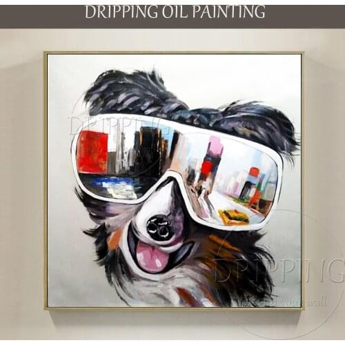 Painter Team Supply High Quality Hand-painted Animal Dog Oil Painting on Canvas Handmade Funny Dog with Glasses Oil Painting