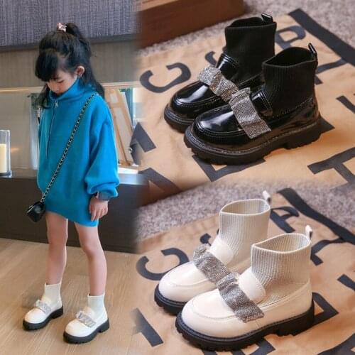 Girls Short Boots 2021 Autumn New Black Leather Shoes Baby Boots Soft Bottom Fashion Rhinestone Single Boots Princess Flats Hot