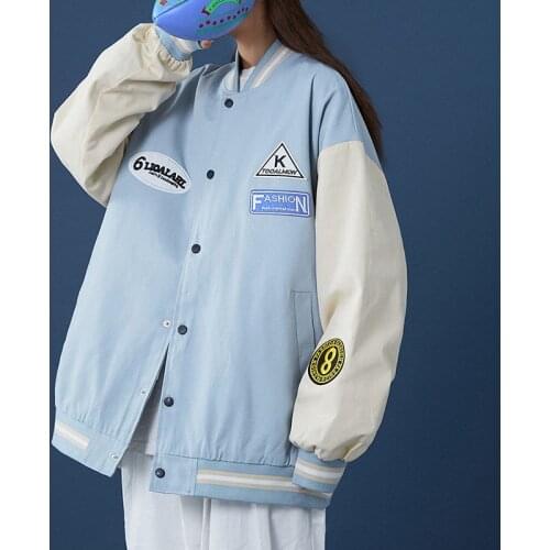 Casual Letter Print Jackets Women Stand Collar Drop Sleeves Splice Baseball Jacket Girls Korean Style Harajuku Loose Coats