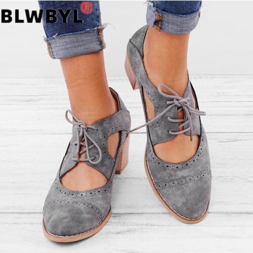 Summer Vintage London Brogue Shoes Women Lace Up Sandal Chunky High Heels Cut-Outs Female Casual Footwear Plus Size 35-43