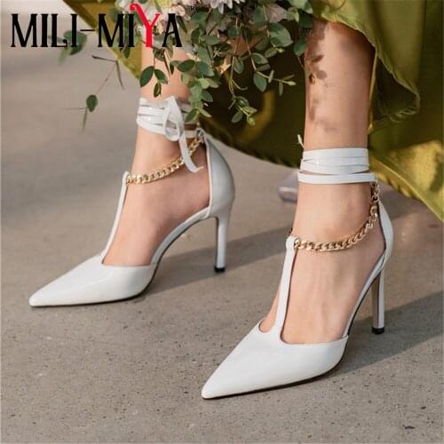 MILI-MIYA Sexy Pointed Toe Women Genuine Leather Pumps Super High Thin Heels Ankle Wrap Dress Party Shoes Plus Size 34-41
