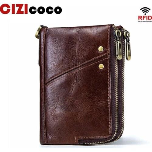 Genuine Leather Men Wallets Vintage Cow Leather Card Holder Double Zipper Men Purse RFID Blocking Wallet Coin Purses