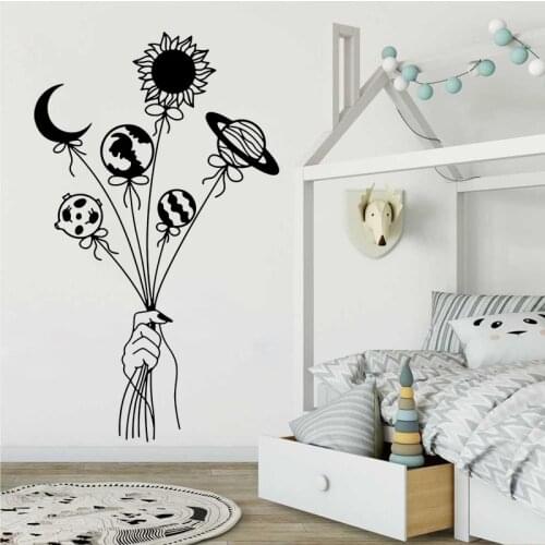Planet Balloons Space Universe Hand Wall Sticker Living Room Bedroom Sun Moon Wall Decal Playroom Vinyl Decor