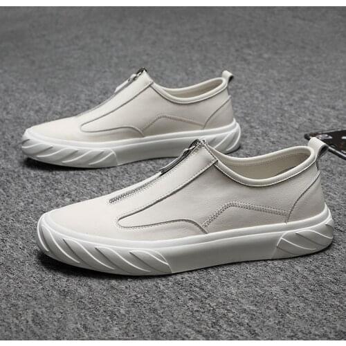 2021 Leather New Sneakers Mens Trendy Shoes Korean Casual Shoes Cowhide Zipper Low-Cut Fashion Overshoes