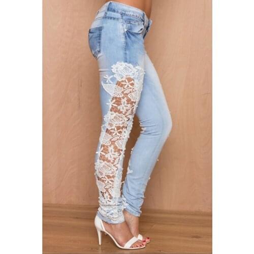 Casual 2021 Lace Floral Side Spliced Stretch Denim Trousers Hollow Out Slim Pencil Pants Women Slim Jeans