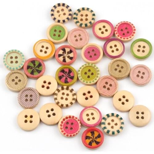 50pcs 4 Hole Round Wooden Button vintage Pattern Natural Wood Buttons For Clothing Decoration Crafts Diy Sewing Accessories 15mm
