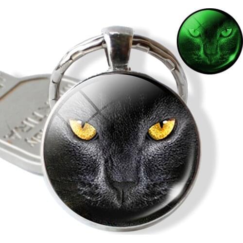 Luminous Key Rings Black Cat Eyes Key Chain Cabochon Glass Photo Keychain Keyring Glow In The Dark