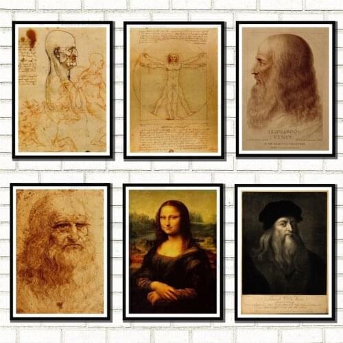 Vintage Canvas Painting Leonardo Da Vinci Manuscript Photo Vitruvian Man Posters Wall Art Home Room Decor Artwork Frameless