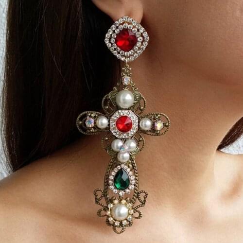 Vintage Baroque Style Crystal With Pearls Big Cross Dangle Earrings for Women Jewelry Hot Sale Classic Statement Accessories