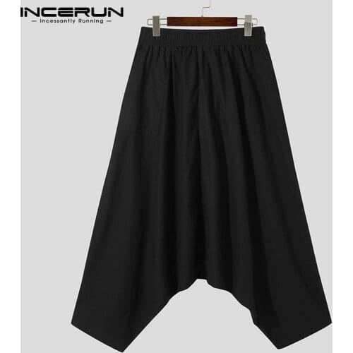 Men Pants Joggers Solid Color Elastic Waist 2021 Loose Streetwear Drop Crotch Trousers Vintage Cotton Pantalones Hombre INCERUN