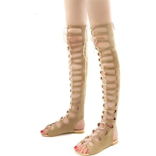 YMECHIC 2019 Woman Flat Sandals Black Brown Tied Lace Up Thigh Over Knee High Gladiator Sandals Women Summer Shoes Plus Size 43